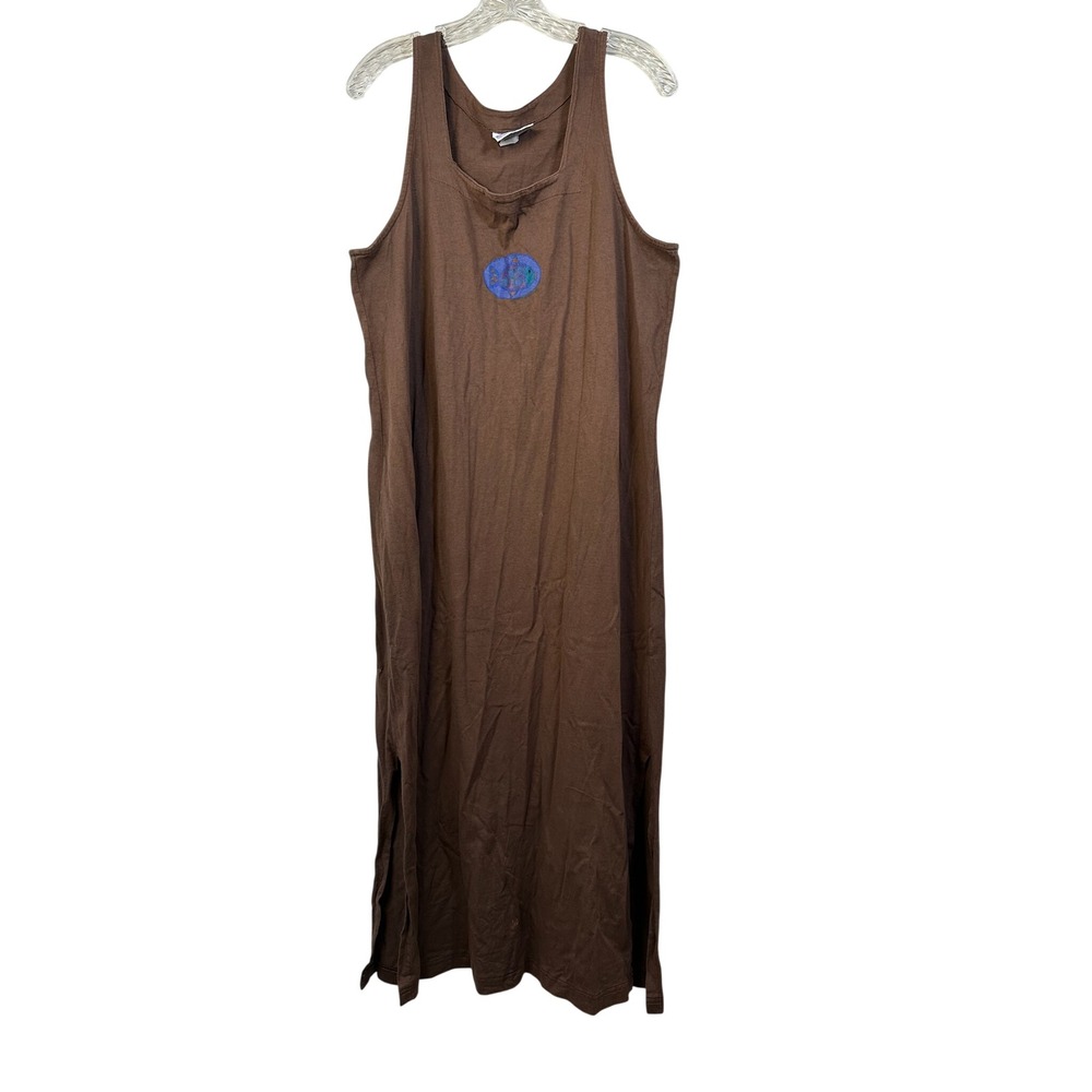 Vintage Fresh Produce Brown Cotton Maxi Tank Dress Fish Graphic XL Made in USA